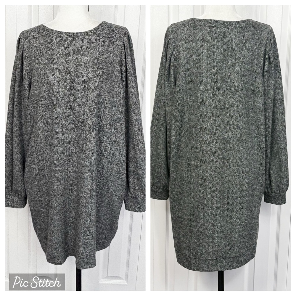 LOFT Gray Herringbone Soft Knit Puff Long Sleeve Mini Shift Dress Large